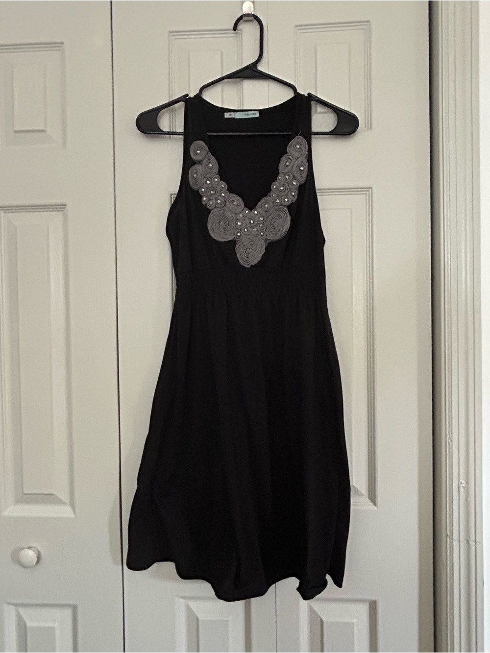 Maurices Black Mini Dress with Gray Rosette Embellishment